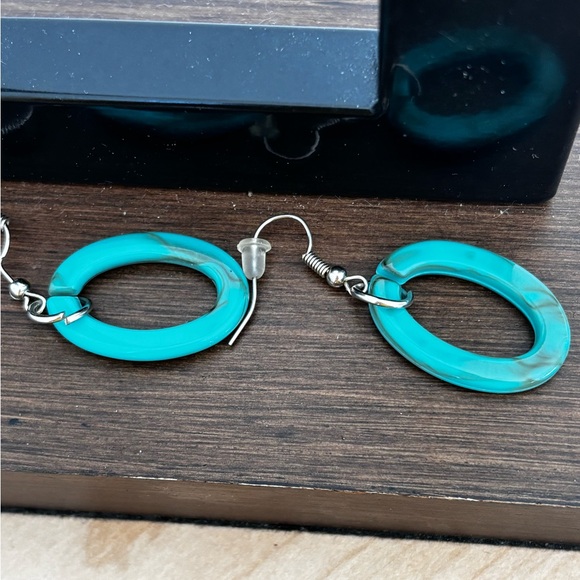 Turquoise color earrings/ brown shadings oval shape /pierced/ measures 1 1/2 in - Picture 3 of 5